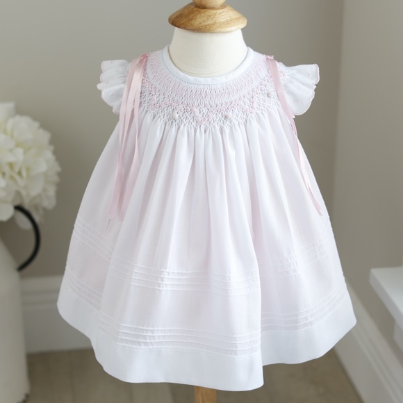 Newborn Smocked Dress White Pink Embroidery Will'beth Spring Portrait NWT - Picture 1 of 10